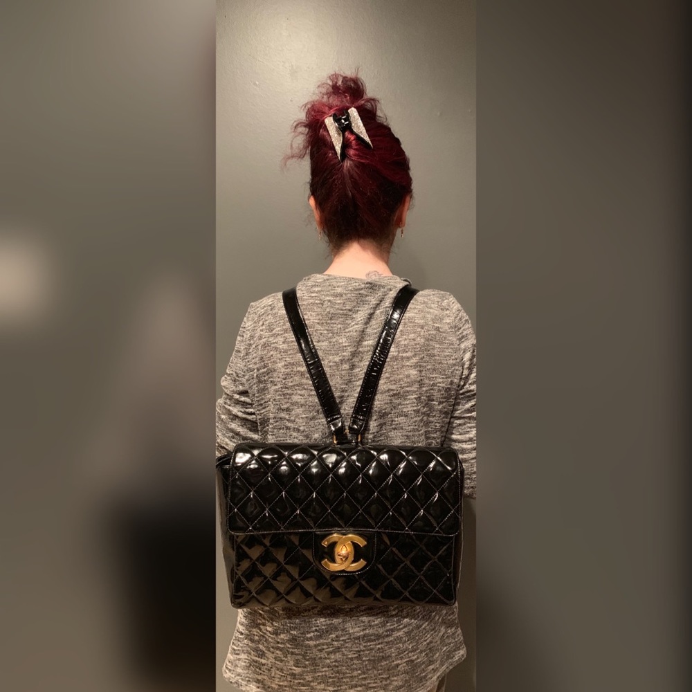 Chanel quilted jumbo patent leather backpack